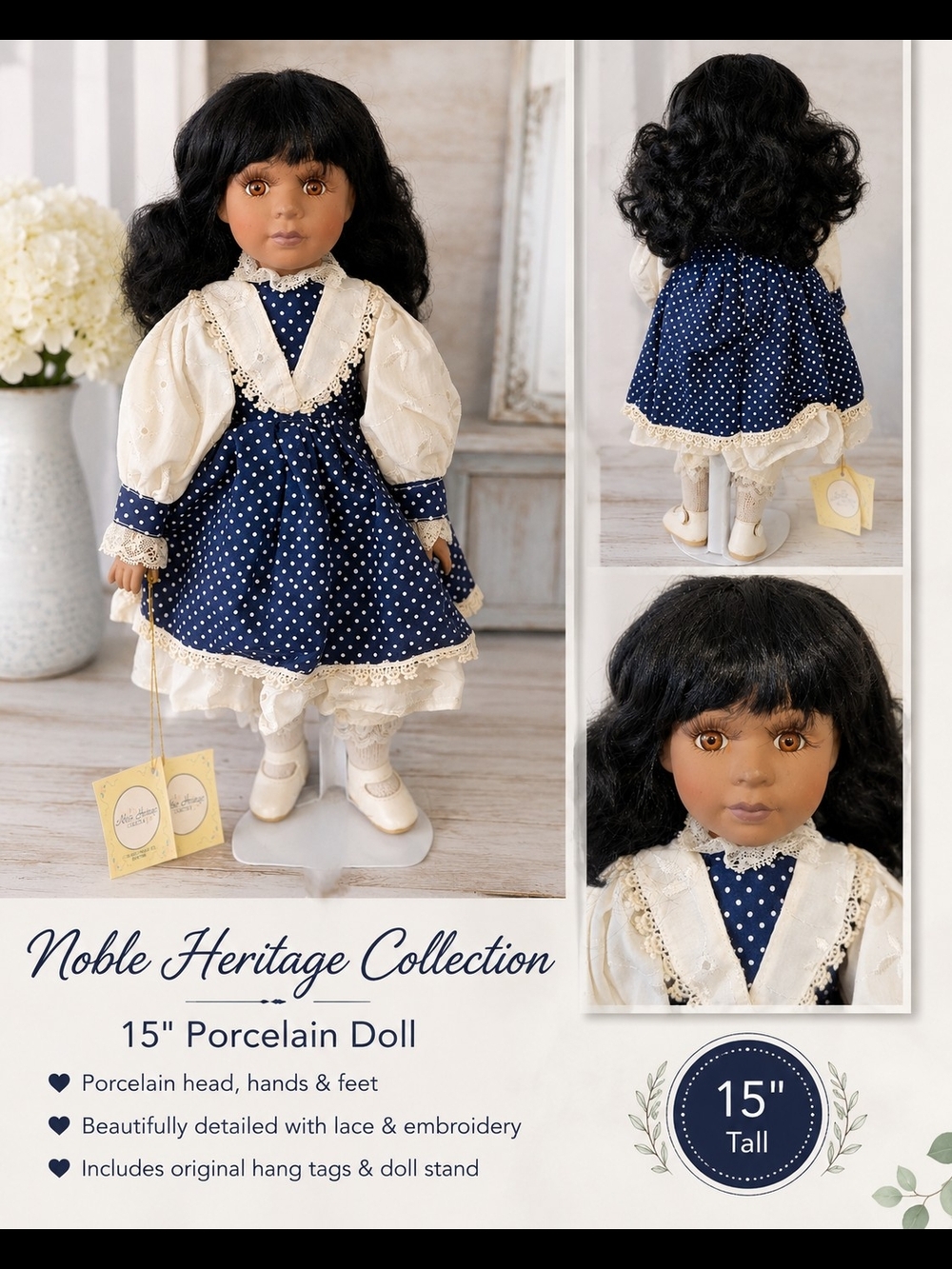 Noble Heritage Collection 15" Porcelain Doll Black Hair Blue Polka Dot Dress